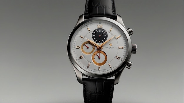 Close up of a luxury chronograph watch with black and orange accents