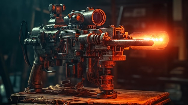 A close up of a machine gun with the word doom on it