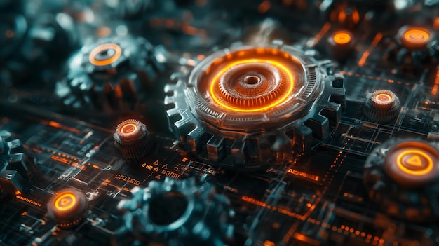 A close up of a machine with many gears and one of them is glowing orange