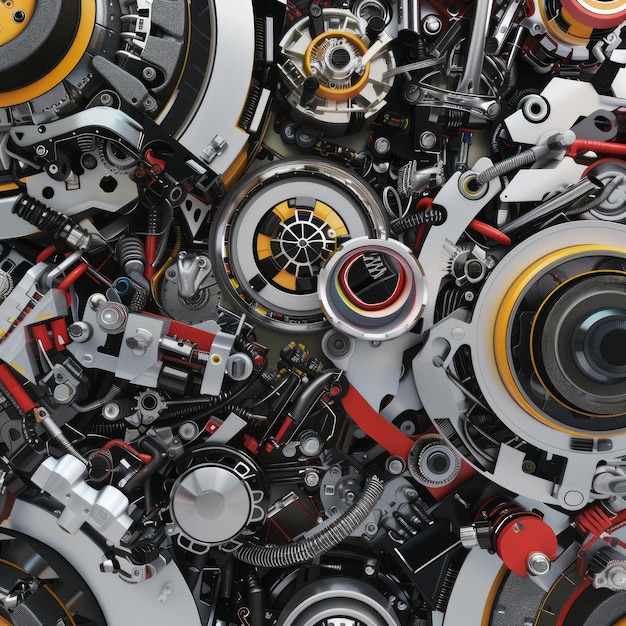 A close up of a machine with many parts and a yellow circle in the middle