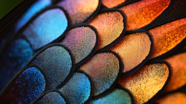 A close up macro image of a colorful bird feather showing intricate detail and texture