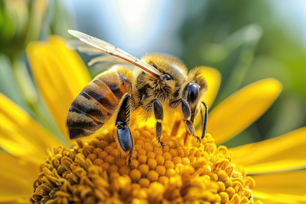 Close up macro photography of bee collecting honey on flower