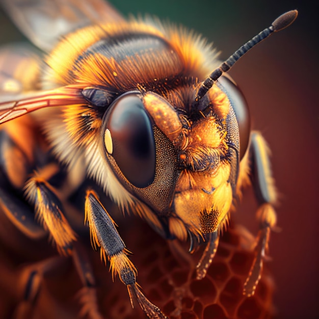 Close up macro view of beautiful honey bee on the honeycomb