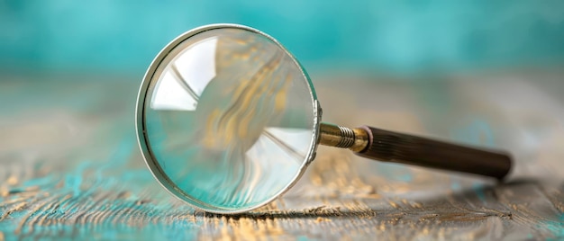 Photo close up of a magnifying glass on a teal wooden surface