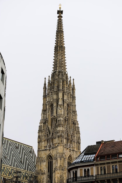 Close-up of the main tower of St. Stephen's Cathedral in Vienna, Austria.