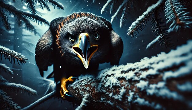 close up of a majestic and terrifying eagles tail perched on a tree branch with a cool atmosphere