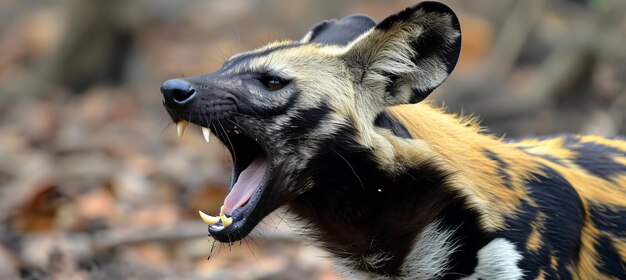 Photo close up of a majestic wild dog howling with space for text against a natural wildlife background