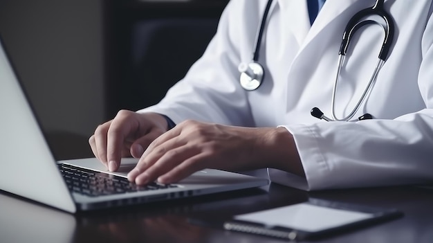 Close up of male doctor typing on laptop computer in medical office