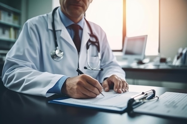 Close up of male doctor writing on clipboard while sitting at his working place in clinic