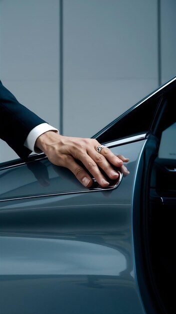 Photo close up of a male hand opening a car door