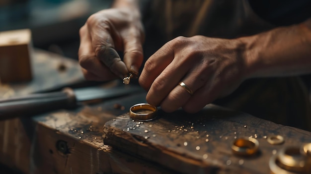 Photo close up of a male jeweler working on wooden table in his workshop