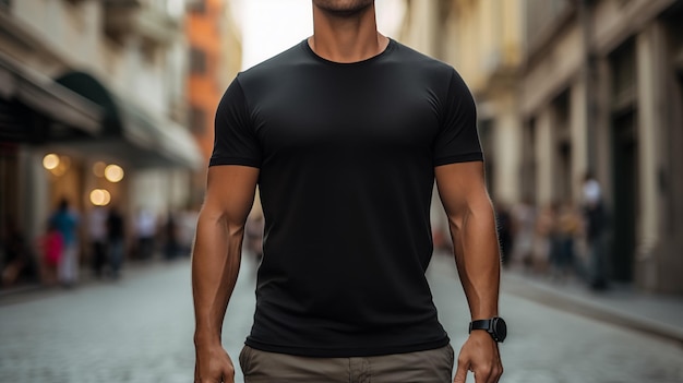 Close up male man upper body in black tshirt mockup on the blurred street