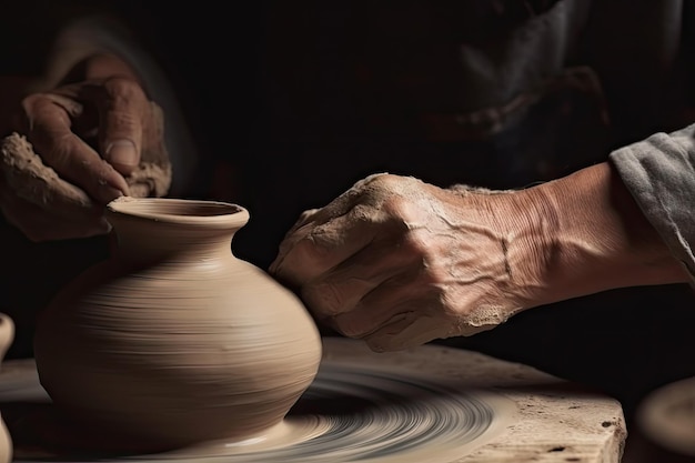 Close up of male potters hands working on vase made of clay closeup with copy space