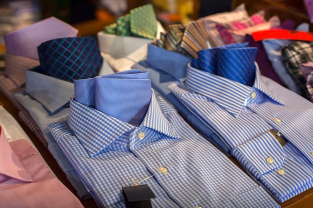 Close up of male shirts exposed in the clothes shop