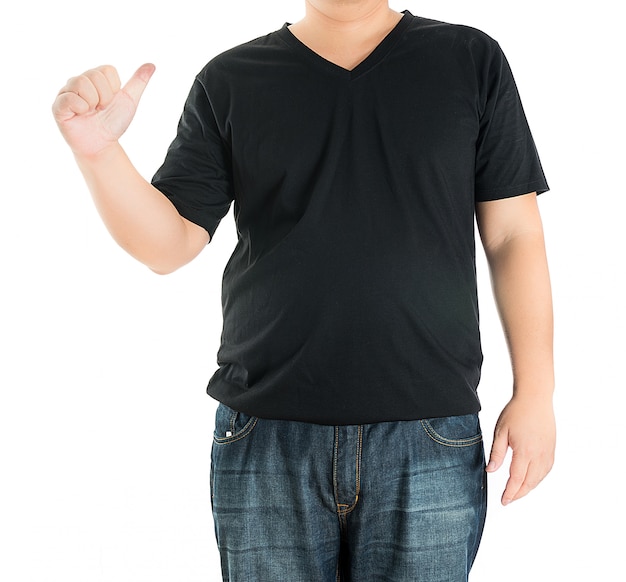 Close up of man in blank t-shirt pointing at himself