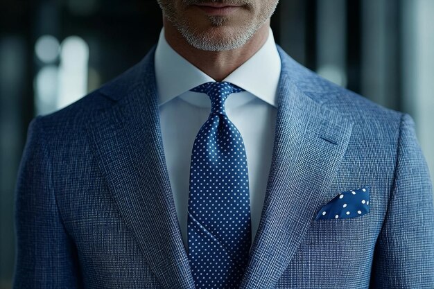 Photo close up of a man in a blue suit with a patterned tie and pocket square symbolizing elegance modern