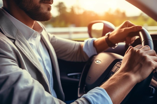 Close up man driving car