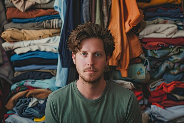 Photo close up on man in front of clothing piles