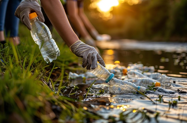 Close up of man hand picking up plastic bottle from river ecology and volunteering concept