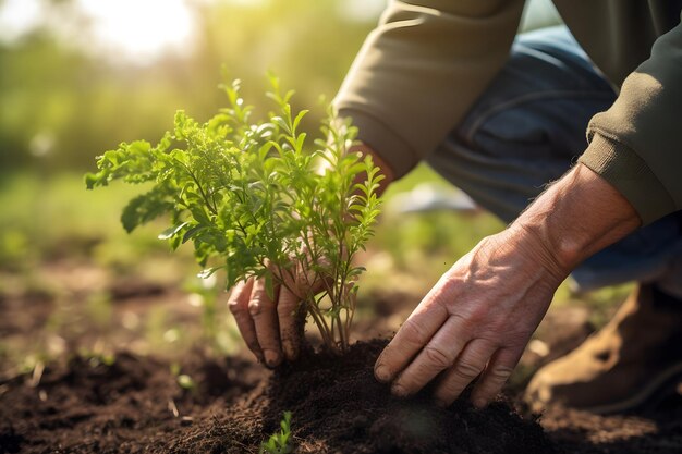 Close up of man hands planting seedling in fertile soil with sunlight