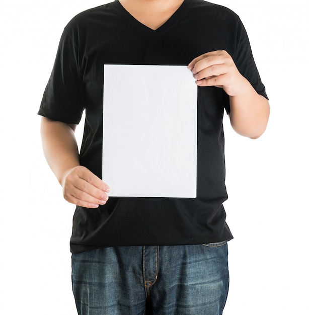 Close up of man hands showing white blank board