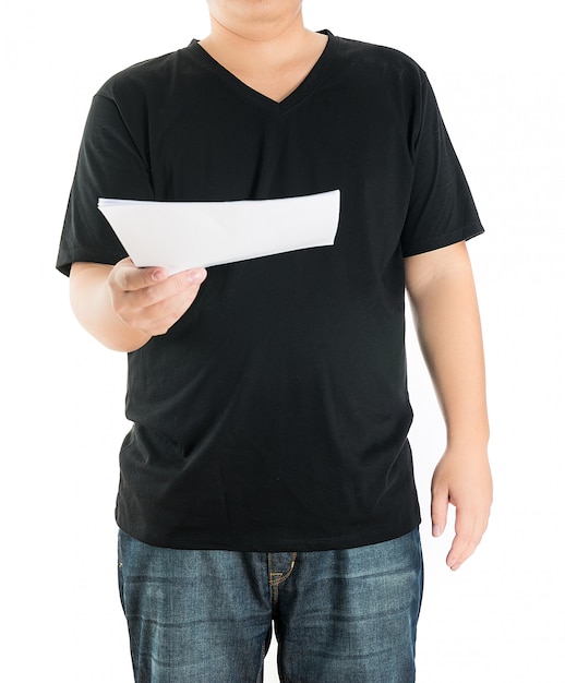 Close up of man hands showing white blank board