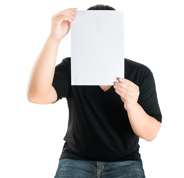 Close up of man hands showing white blank board