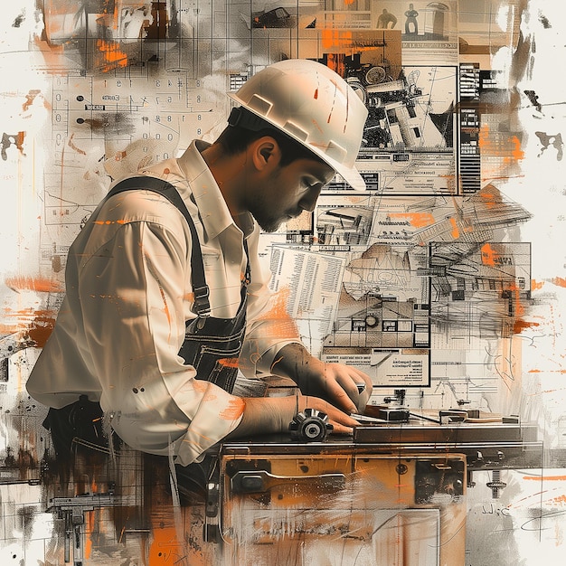 Photo a close up of a man in a hard hat working on a laptop