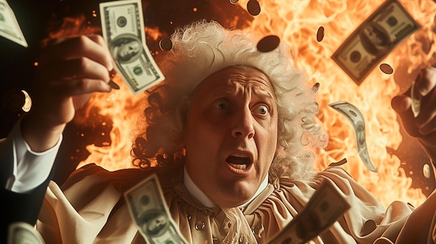 A close up of a man holding a gun and money in front of a fire