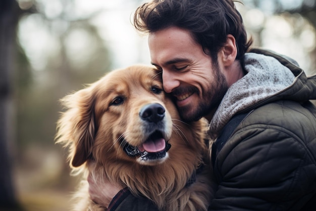 close up of a man hugging his dog bokeh style background