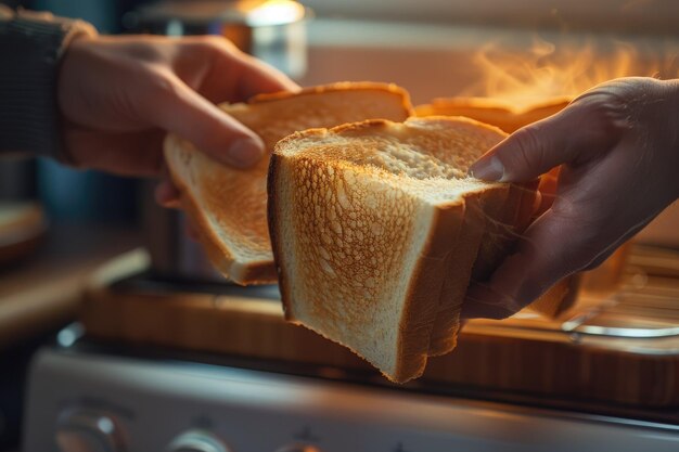 Photo close up of man pulling toast from a toaster