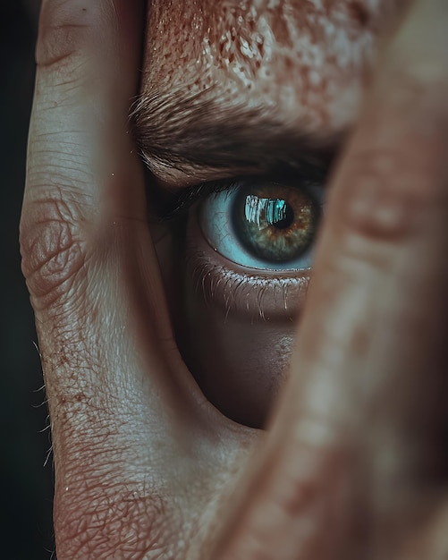 Close up of a Man s Eye Covered by Fingers