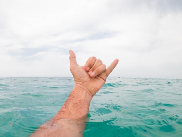 Close up of man's hand showing shaka sign above sea water against sky. Hand of a man coming out of sea water surface and gesturing shaka sign against cloudy sky