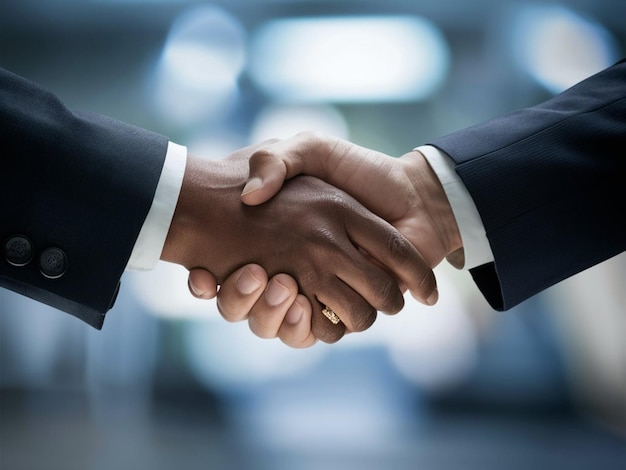 a close up of a man shaking hands with another man in the background