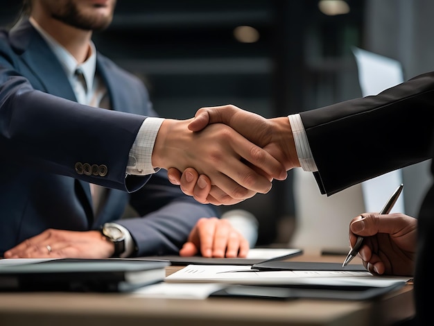 A close up of a man shaking hands with business partner in a suit to negotiations or join business