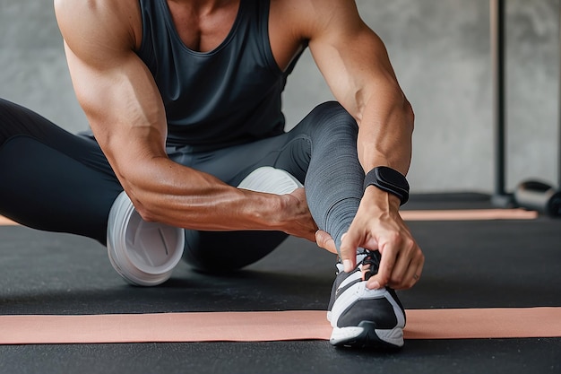 Photo close up of a man stretching his leg