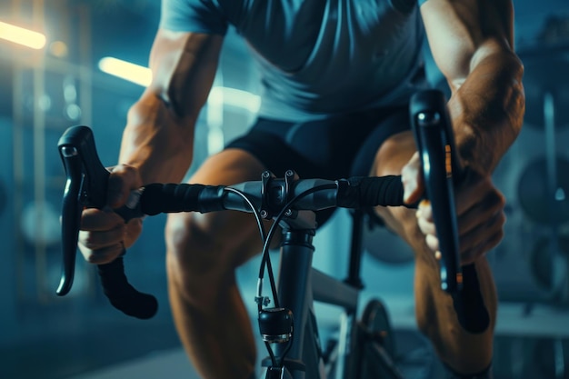 Photo a close up man using a stationary bike for indoor cycling