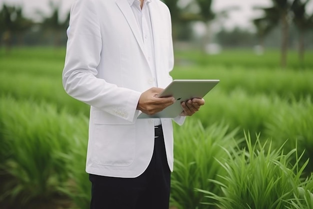 Close up man using a tablet in a field