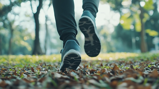 Close up of a man wear running shoe on to walking and running on nature green background