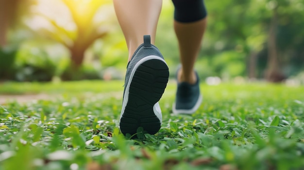 Close up of a man wear running shoe on to walking and running on nature green background