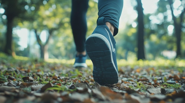 Close up of a man wear running shoe on to walking and running on nature green background