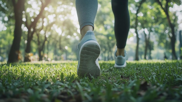 Close up of a man wear running shoe on to walking and running on nature green background