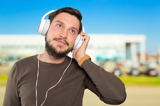 Close up of man wearing headphones