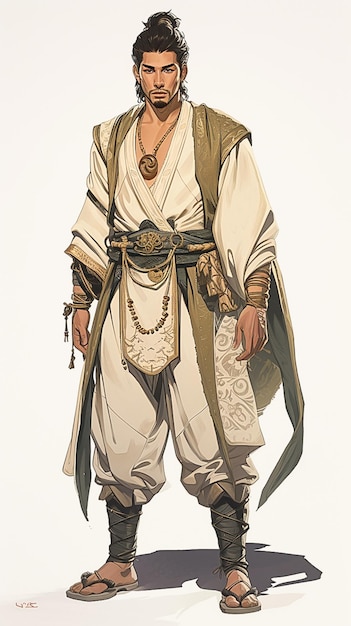 A close up of a man in a white robe and a brown belt