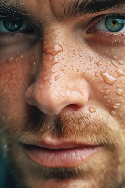 Close up of a man with water droplets on his face suitable for skincare products promotion