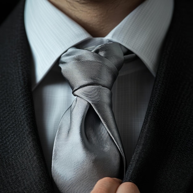 Photo close up of a man39s hand adjusting a silver tie knot