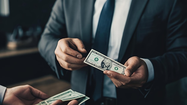 Close up of a man39s hand holding out a US dollar bill