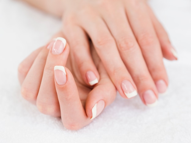 Close up manicured woman hands