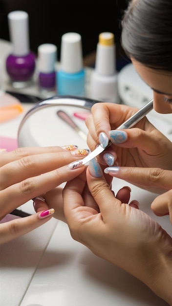 Close up manicurist filing nails