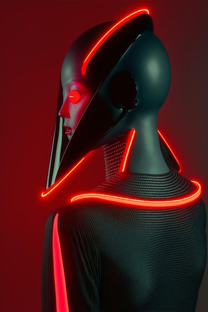 Close up of a mannequin wearing a neon mask generative ai